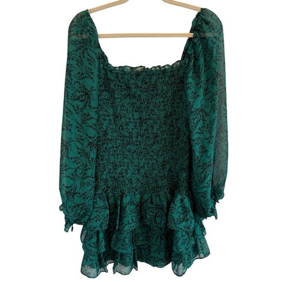 Olivaceous South Sz L Green Floral Smocked Body Sheer Sleeve Short Boho Dress - Picture 1 of 7